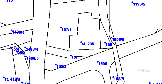 Parcela st. 205 v KÚ Prostřední Lánov, Katastrální mapa