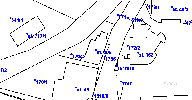 Parcela st. 206 v KÚ Prostřední Lánov, Katastrální mapa