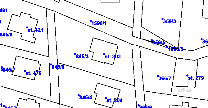 Parcela st. 303 v KÚ Prostřední Lánov, Katastrální mapa