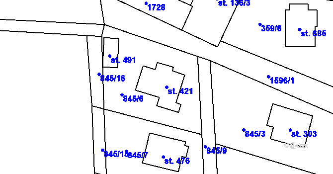 Parcela st. 421 v KÚ Prostřední Lánov, Katastrální mapa