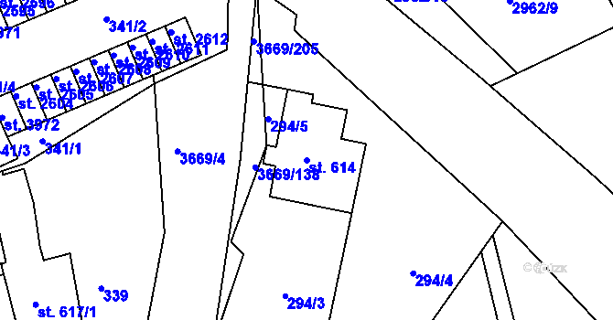 Parcela st. 614 v KÚ Lanškroun, Katastrální mapa