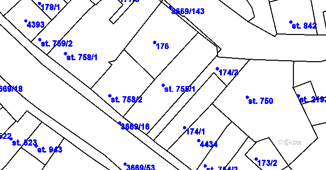 Parcela st. 755/1 v KÚ Lanškroun, Katastrální mapa