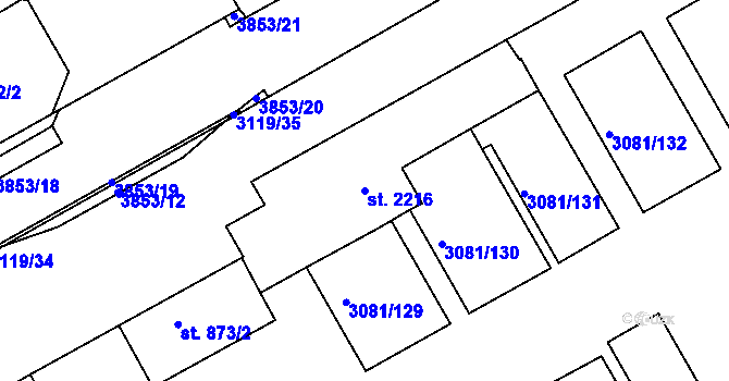Parcela st. 2216 v KÚ Lanškroun, Katastrální mapa