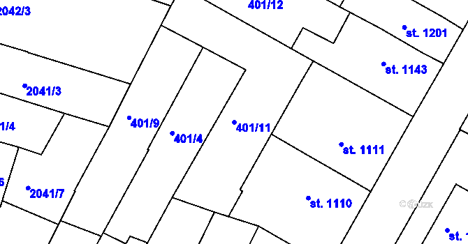Parcela st. 401/11 v KÚ Lanškroun, Katastrální mapa
