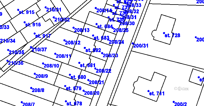 Parcela st. 208/23 v KÚ Lány, Katastrální mapa