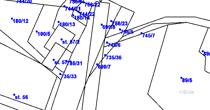 Parcela st. 735/36 v KÚ Lány u Dašic, Katastrální mapa