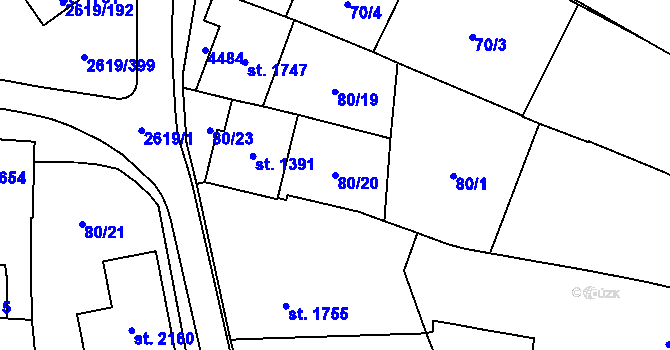 Parcela st. 80/20 v KÚ Lanžhot, Katastrální mapa