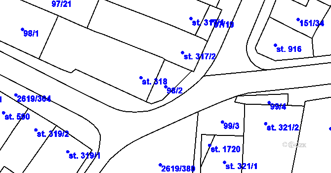 Parcela st. 98/2 v KÚ Lanžhot, Katastrální mapa