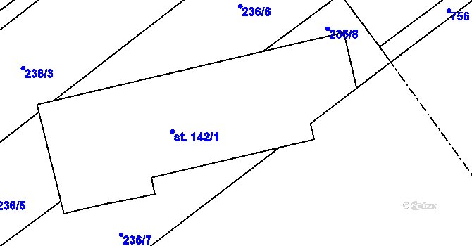 Parcela st. 142/2 v KÚ Lanžov, Katastrální mapa