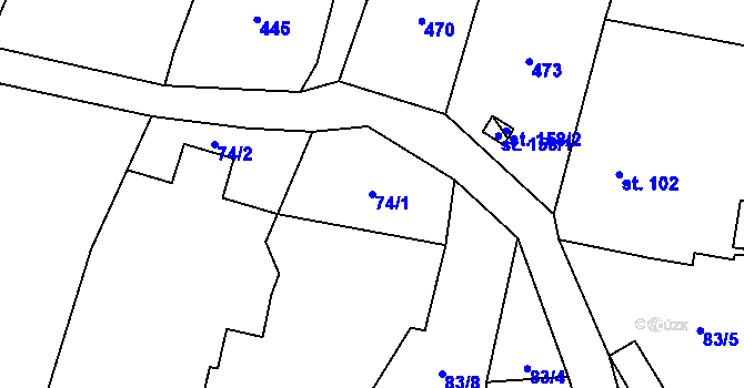 Parcela st. 74/1 v KÚ Lásenice, Katastrální mapa