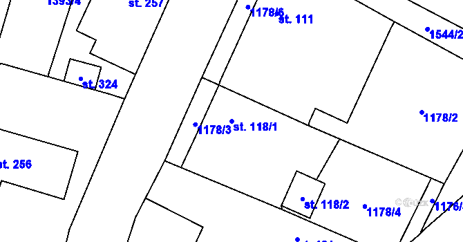Parcela st. 118/1 v KÚ Lásenice, Katastrální mapa