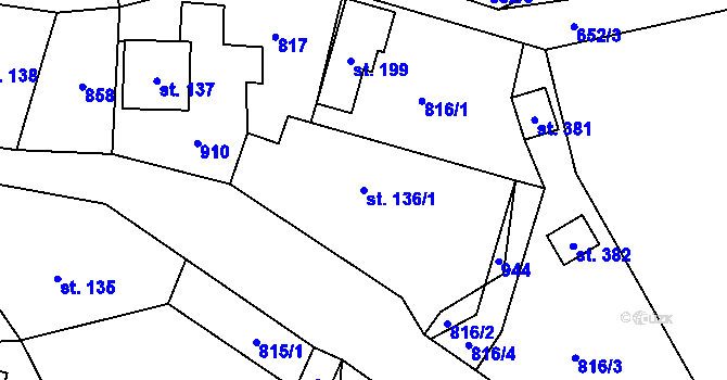 Parcela st. 136/1 v KÚ Láz, Katastrální mapa