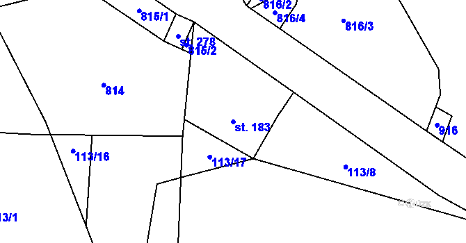 Parcela st. 183 v KÚ Láz, Katastrální mapa