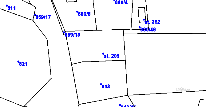 Parcela st. 205 v KÚ Láz, Katastrální mapa