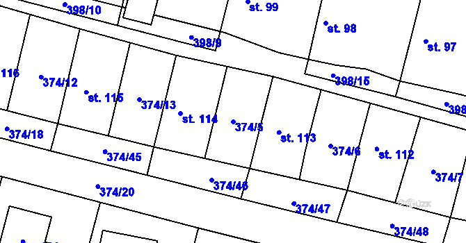 Parcela st. 374/5 v KÚ Láz, Katastrální mapa