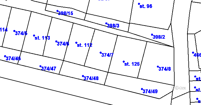 Parcela st. 374/7 v KÚ Láz, Katastrální mapa
