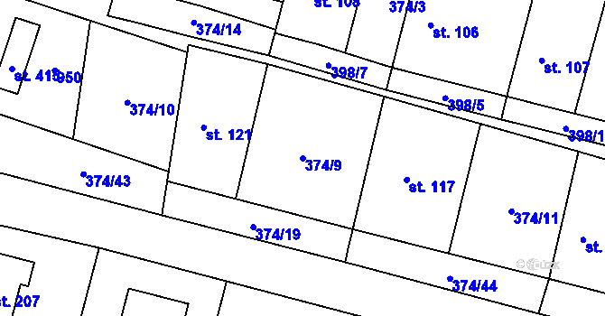 Parcela st. 374/9 v KÚ Láz, Katastrální mapa