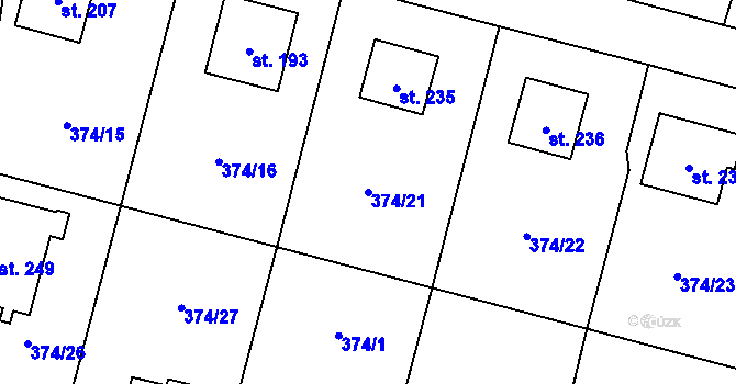 Parcela st. 374/21 v KÚ Láz, Katastrální mapa