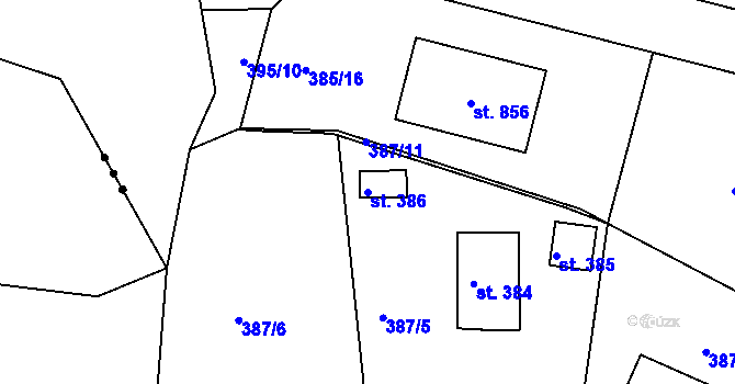 Parcela st. 386 v KÚ Láz, Katastrální mapa