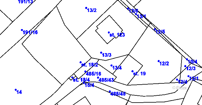 Parcela st. 13/3 v KÚ Lazinov, Katastrální mapa