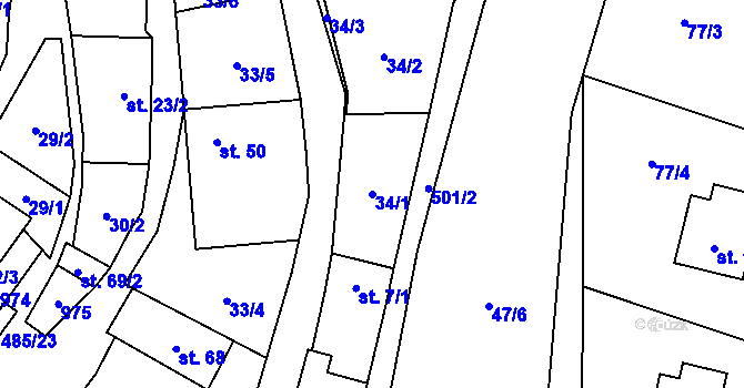 Parcela st. 34/1 v KÚ Lazinov, Katastrální mapa