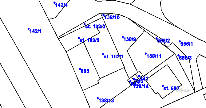 Parcela st. 102/1 v KÚ Lázně Bělohrad, Katastrální mapa