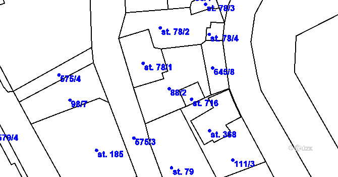 Parcela st. 88/2 v KÚ Lázně Bělohrad, Katastrální mapa