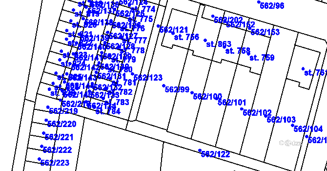 Parcela st. 562/99 v KÚ Lázně Bělohrad, Katastrální mapa