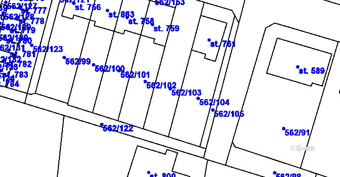 Parcela st. 562/103 v KÚ Lázně Bělohrad, Katastrální mapa