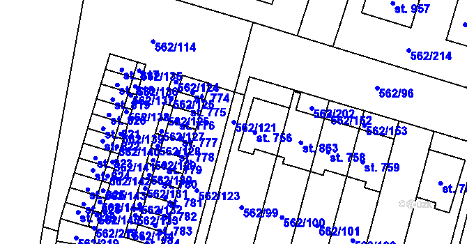 Parcela st. 562/121 v KÚ Lázně Bělohrad, Katastrální mapa