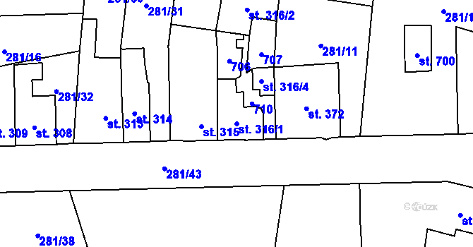 Parcela st. 316/1 v KÚ Lázně Bělohrad, Katastrální mapa