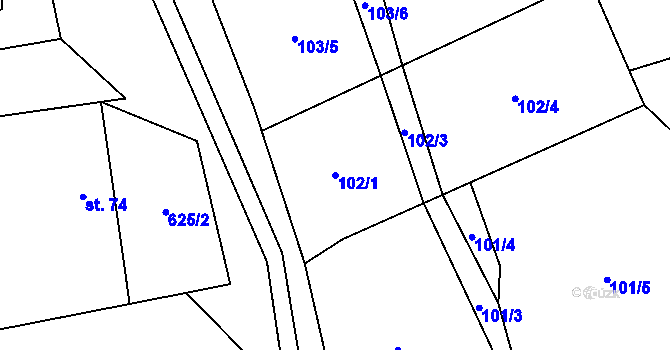 Parcela st. 102/1 v KÚ Lazníčky, Katastrální mapa