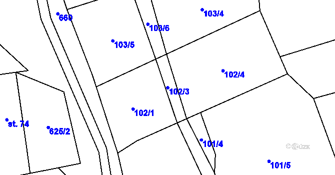 Parcela st. 102/3 v KÚ Lazníčky, Katastrální mapa