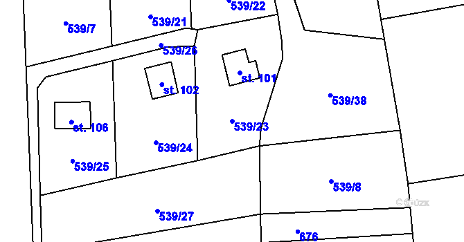Parcela st. 539/23 v KÚ Lážovice, Katastrální mapa