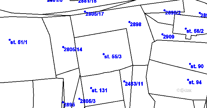 Parcela st. 55/3 v KÚ Ledce u Plzně, Katastrální mapa