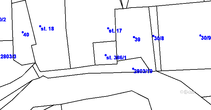 Parcela st. 386/1 v KÚ Ledce u Plzně, Katastrální mapa