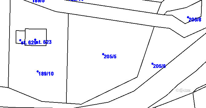 Parcela st. 205/5 v KÚ Ledce u Plzně, Katastrální mapa