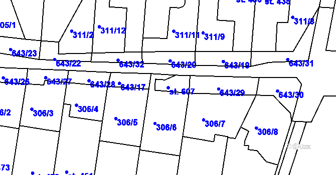 Parcela st. 607 v KÚ Ledvice, Katastrální mapa