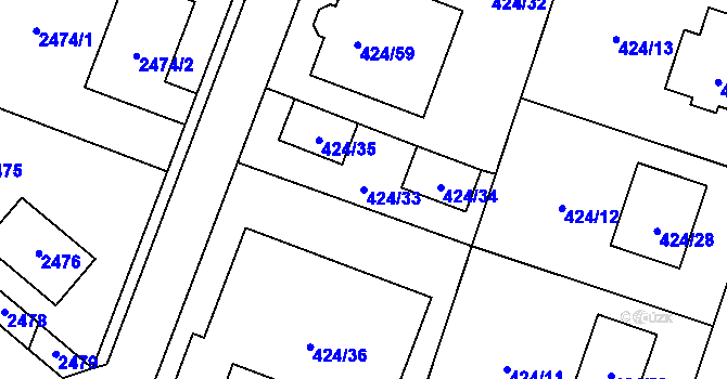 Parcela st. 424/33 v KÚ Lechovice, Katastrální mapa