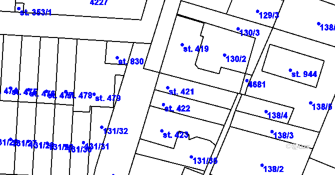 Parcela st. 421 v KÚ Lenešice, Katastrální mapa