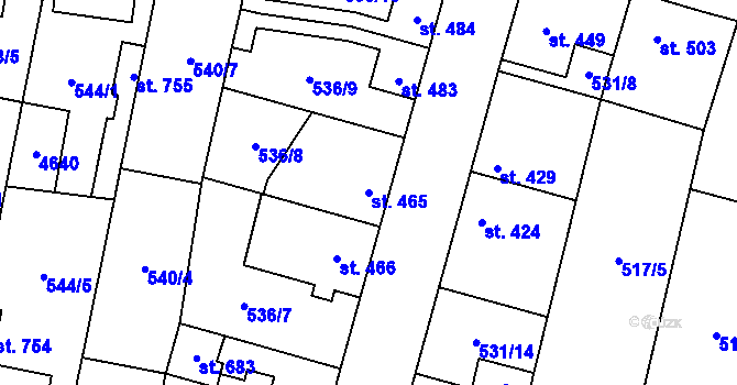 Parcela st. 465 v KÚ Lenešice, Katastrální mapa