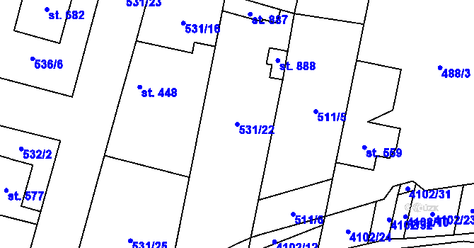 Parcela st. 531/22 v KÚ Lenešice, Katastrální mapa