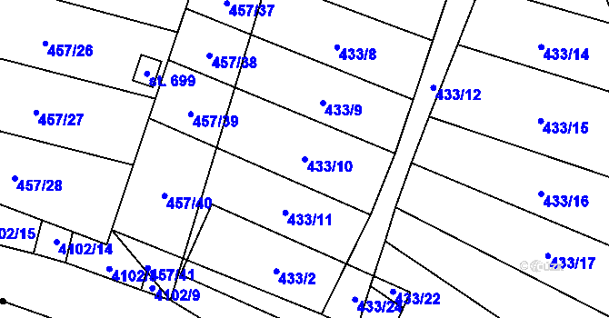 Parcela st. 433/10 v KÚ Lenešice, Katastrální mapa