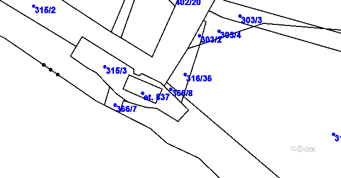 Parcela st. 366/8 v KÚ Lenešice, Katastrální mapa