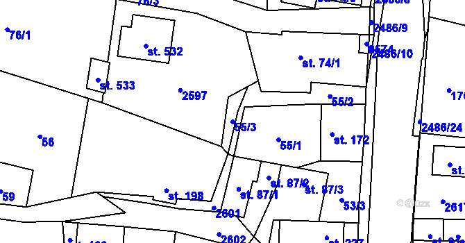 Parcela st. 55/3 v KÚ Leskovec, Katastrální mapa