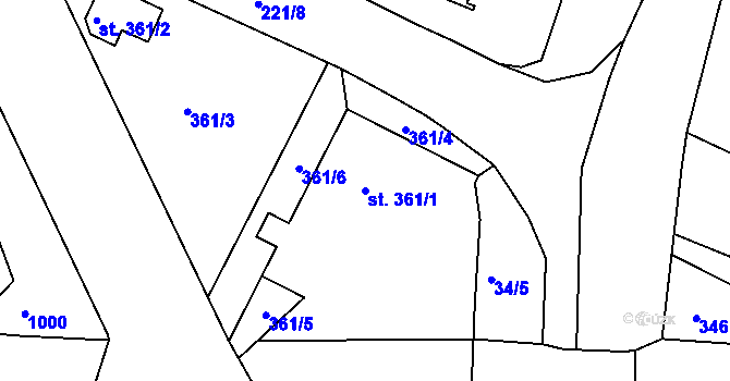 Parcela st. 361/1 v KÚ Leskovice, Katastrální mapa