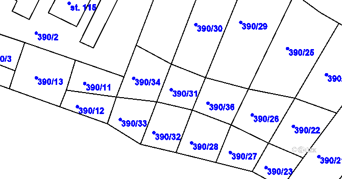 Parcela st. 390/31 v KÚ Lesní Hluboké, Katastrální mapa