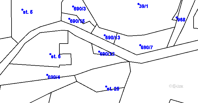 Parcela st. 690/12 v KÚ Lesní Jakubov, Katastrální mapa