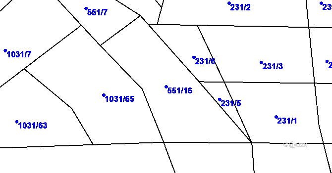 Parcela st. 551/16 v KÚ Lesnice, Katastrální mapa