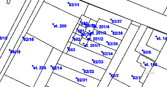 Parcela st. 201/1 v KÚ Lesonice, Katastrální mapa